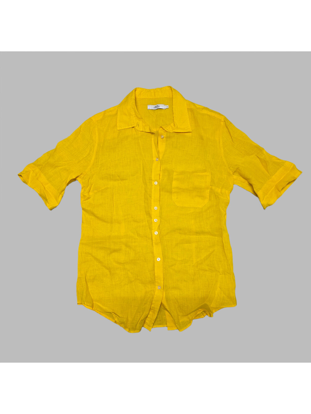 0039 Italy Button Up Shirt S  Yellow Linen Weave short Sleeve Collared Blouse